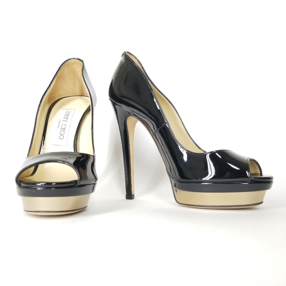 JIMMY CHOO Patent Leather Platform Heels Open Toe Stiletto Pumps Size 37 - Picture 3 of 16